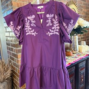 ENTRO Purple V-Neck Dress with Pink Embroidery and Ruffle. NWT